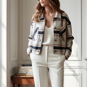 Quarry Plaid Winter Wool Blend Jacket Cropped Pink Tan Black Cream